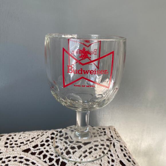 Budweiser Vintage Thumbprint Glass Goblet Red Bowtie Retro Beer Glass - Picture 1 of 8